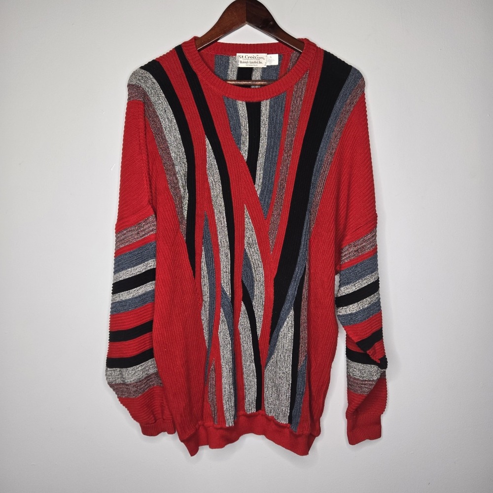Vintage St Croix Colorful Knit Sweater Mens XL Biggie Coogi Style Geometric USA